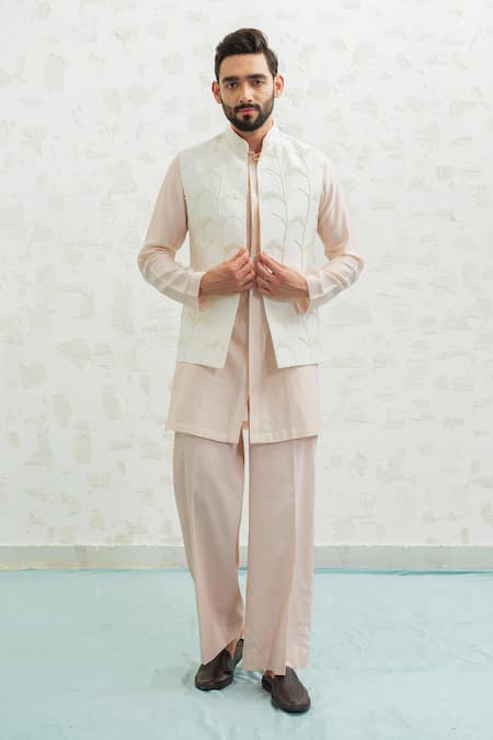 Runit Gupta Ivory Chanderi , Vegan Embroidery Multi Arch Bundi Kurta Set 