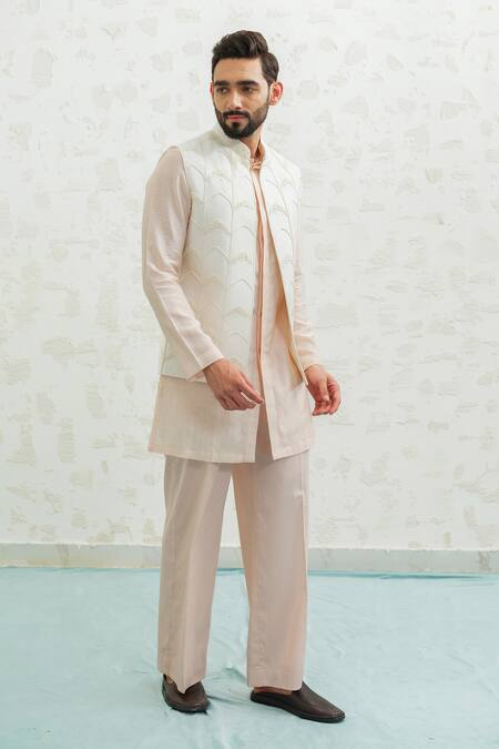 Shop_Runit Gupta_Ivory Chanderi , Vegan Embroidery Multi Arch Bundi Kurta Set _Online_at_Aza_Fashions