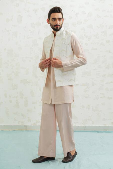 Runit Gupta_Ivory Chanderi , Vegan Embroidery Multi Arch Bundi Kurta Set _at_Aza_Fashions