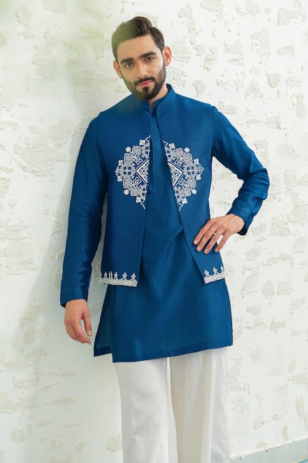 Runit Gupta Cobalt Chanderi Silk Embroidery Diamond Bundi 