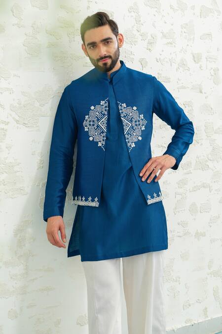 Shop Runit Gupta Cobalt Chanderi , Vegan Embroidery Diamond Bundi Kurta Set Online at Aza Fashions Shop_Runit Gupta_Cobalt Chanderi , Vegan Embroidery Diamond Bundi Kurta Set _Online_at_Aza_Fashions