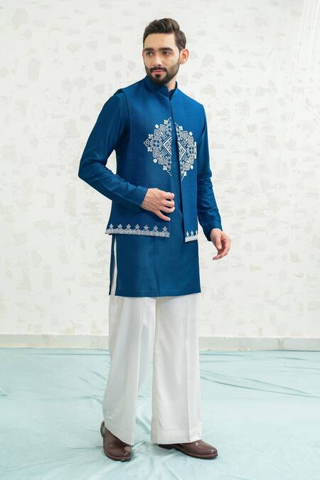 Runit Gupta Cobalt Chanderi , Vegan Embroidery Diamond Bundi Kurta Set at Aza Fashions Runit Gupta_Cobalt Chanderi , Vegan Embroidery Diamond Bundi Kurta Set _at_Aza_Fashions