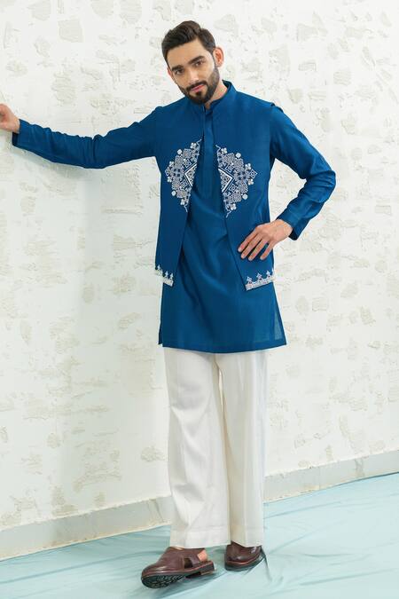 Buy Runit Gupta Cobalt Chanderi , Vegan Embroidery Diamond Bundi Kurta Set Buy_Runit Gupta_Cobalt Chanderi , Vegan Embroidery Diamond Bundi Kurta Set