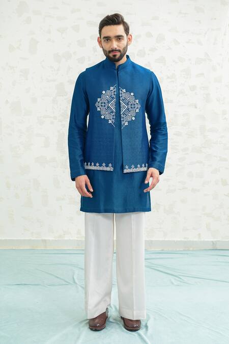 Shop Runit Gupta Cobalt Chanderi , Vegan Embroidery Diamond Bundi Kurta Set Shop_Runit Gupta_Cobalt Chanderi , Vegan Embroidery Diamond Bundi Kurta Set