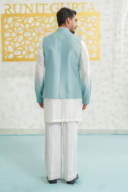 Shop Runit Gupta Aqua Chanderi Silk Embroidery Contour Blue Zipper Bundi at Aza Fashions Shop_Runit Gupta_Aqua Chanderi Silk Embroidery Contour Blue Zipper Bundi _at_Aza_Fashions