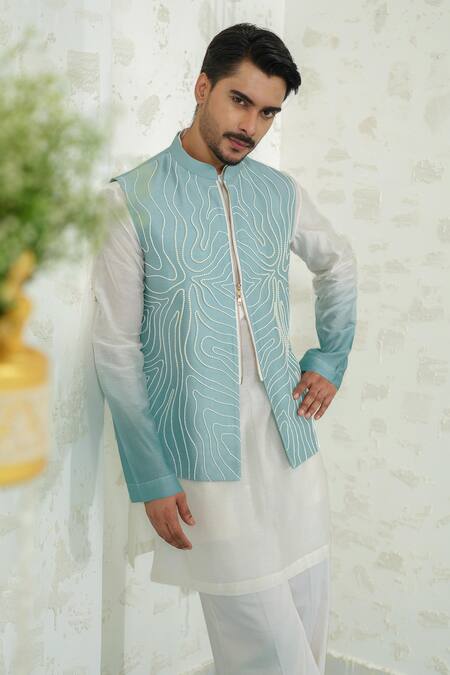 Buy Runit Gupta Aqua Chanderi Silk Embroidery Contour Blue Zipper Bundi Buy_Runit Gupta_Aqua Chanderi Silk Embroidery Contour Blue Zipper Bundi