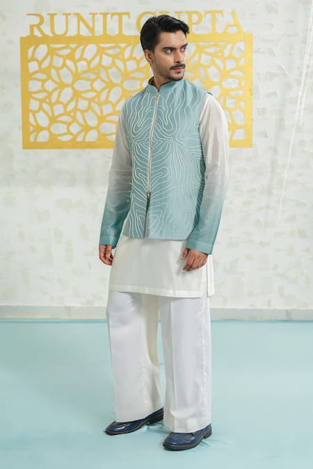 Buy_Runit Gupta_Blue Chanderi , Vegan Embroidery Contour Zipper Bundi Kurta Set _Online_at_Aza_Fashions