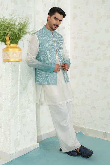 Shop_Runit Gupta_Blue Chanderi , Vegan Embroidery Contour Zipper Bundi Kurta Set _Online_at_Aza_Fashions