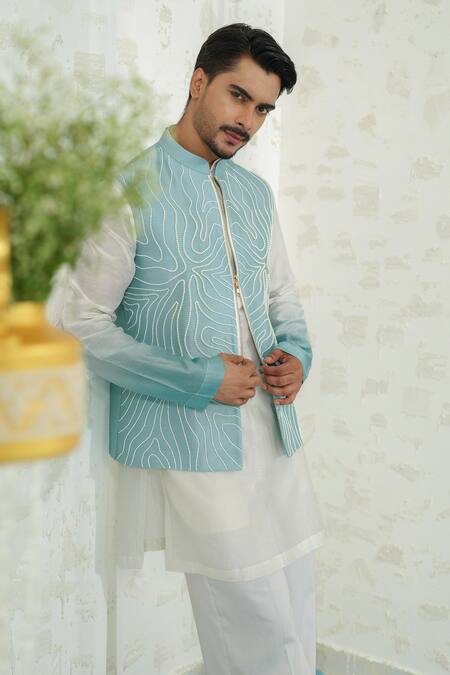 Runit Gupta_Blue Chanderi , Vegan Embroidery Contour Zipper Bundi Kurta Set _at_Aza_Fashions