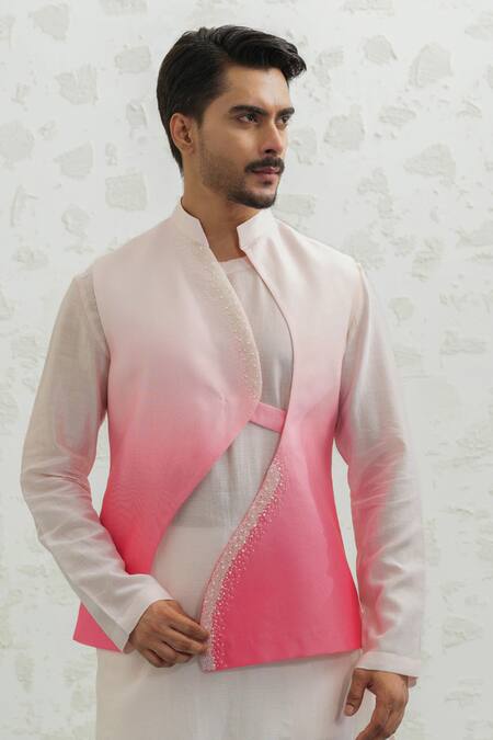 Runit Gupta_Pink Chanderi , Vegan Embroidery Ombre Wave Bundi Kurta Set _Online_at_Aza_Fashions