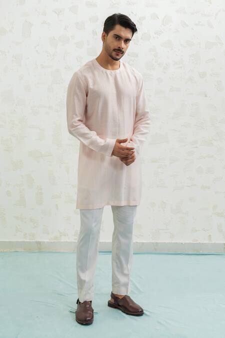 Buy_Runit Gupta_Pink Chanderi , Vegan Embroidery Ombre Wave Bundi Kurta Set _Online_at_Aza_Fashions