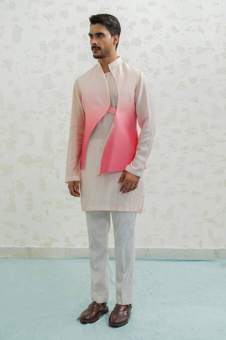 Shop_Runit Gupta_Pink Chanderi , Vegan Embroidery Ombre Wave Bundi Kurta Set 