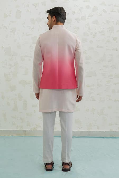 Shop_Runit Gupta_Pink Chanderi , Vegan Embroidery Ombre Wave Bundi Kurta Set _at_Aza_Fashions