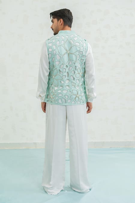 Shop Runit Gupta Aqua Chanderi Silk Embroidery, Pearls Blue Cutwork Floral Bundi at Aza Fashions Shop_Runit Gupta_Aqua Chanderi Silk Embroidery, Pearls Blue Cutwork Floral Bundi _at_Aza_Fashions