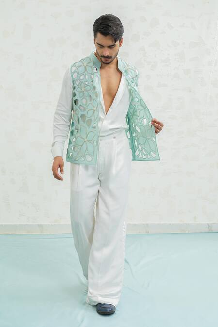 Shop Runit Gupta Aqua Chanderi Silk Embroidery, Pearls Blue Cutwork Floral Bundi Online at Aza Fashions Shop_Runit Gupta_Aqua Chanderi Silk Embroidery, Pearls Blue Cutwork Floral Bundi _Online_at_Aza_Fashions