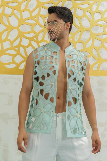 Buy_Runit Gupta_Blue Chanderi Silk Embroidery, Beads Cutwork Floral Bundi Set _Online_at_Aza_Fashions