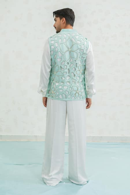 Runit Gupta Blue Cutwork Floral Bundi Set 