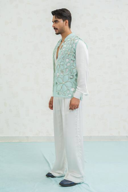 Shop_Runit Gupta_Blue Chanderi Silk Embroidery, Beads Cutwork Floral Bundi Set _Online_at_Aza_Fashions