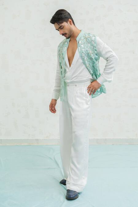 Runit Gupta_Blue Chanderi Silk Embroidery, Beads Cutwork Floral Bundi Set _at_Aza_Fashions