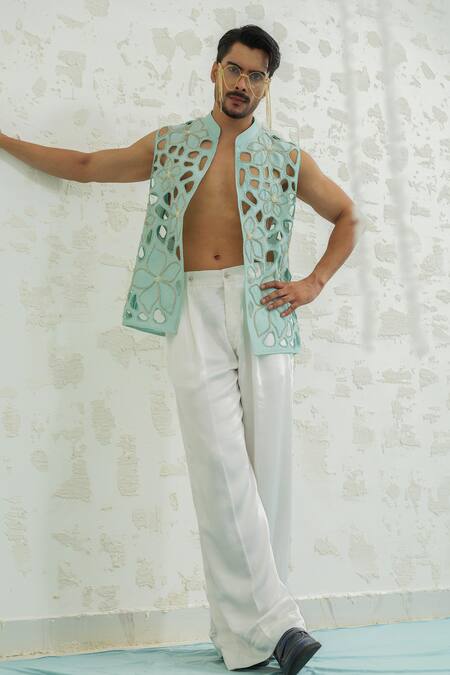 Buy_Runit Gupta_Blue Chanderi Silk Embroidery, Beads Cutwork Floral Bundi Set 