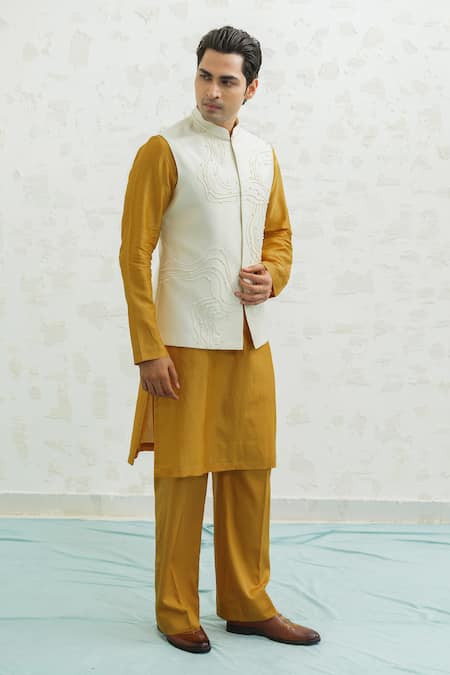 Runit Gupta Ivory Chanderi Silk Embroidery Dusty Contour Bundi at Aza Fashions Runit Gupta_Ivory Chanderi Silk Embroidery Dusty Contour Bundi _at_Aza_Fashions