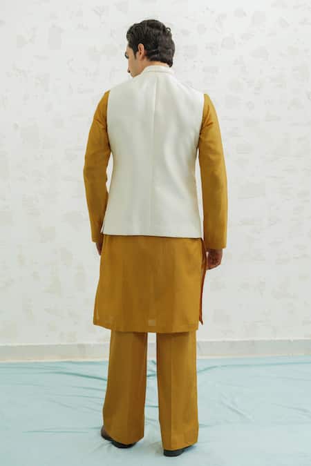 Shop_Runit Gupta_Ivory Chanderi , Vegan Embroidery Dusty Contour Bundi And Kurta Set _at_Aza_Fashions