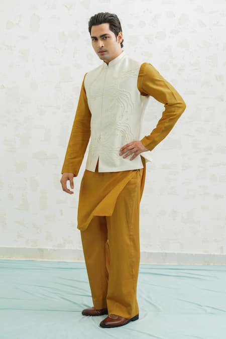 Shop_Runit Gupta_Ivory Chanderi , Vegan Embroidery Dusty Contour Bundi And Kurta Set _Online_at_Aza_Fashions