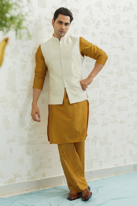Shop_Runit Gupta_Ivory Chanderi , Vegan Embroidery Dusty Contour Bundi And Kurta Set 