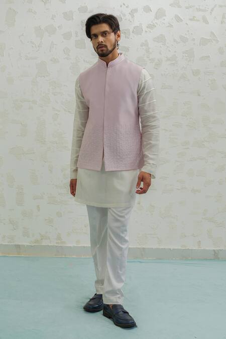 Buy_Runit Gupta_Lilac Chanderi Silk Embroidery Line Bundi _Online_at_Aza_Fashions