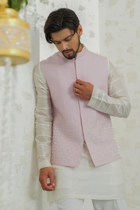 Shop_Runit Gupta_Lilac Chanderi Silk Embroidery Line Bundi _Online_at_Aza_Fashions