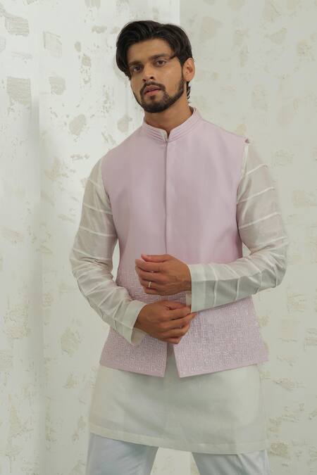 Runit Gupta_Lilac Chanderi Silk Embroidery Line Bundi _at_Aza_Fashions