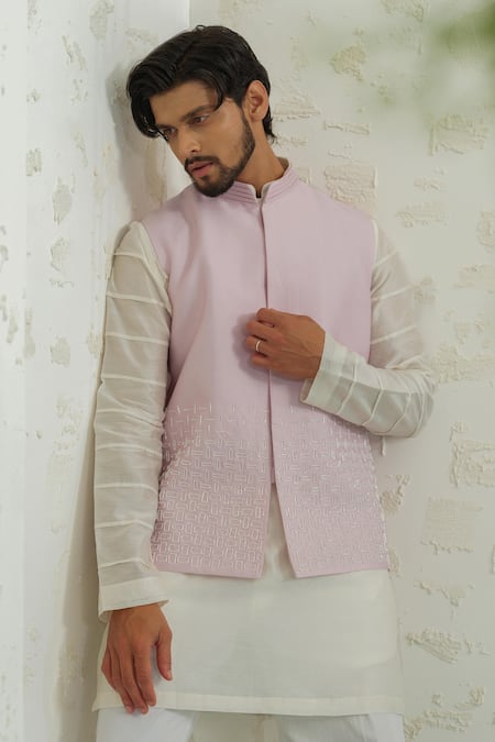 Buy_Runit Gupta_Lilac Chanderi Silk Embroidery Line Bundi 