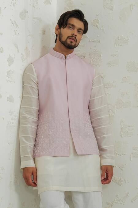 Buy_Runit Gupta_Lilac Chanderi , Vegan Embroidery Line Bundi And Kurta Set _Online_at_Aza_Fashions