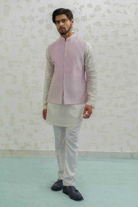 Runit Gupta Lilac Chanderi , Vegan Embroidery Line Bundi And Kurta Set 