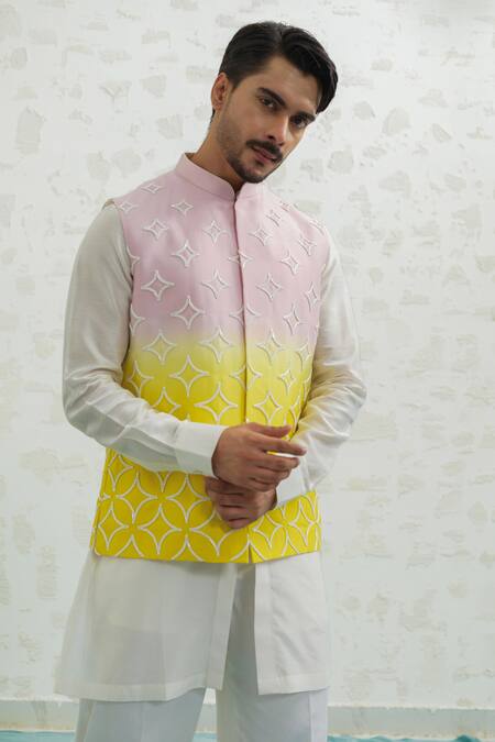 Runit Gupta Pink Chanderi Silk Embroidery Yellow Duo Bundi Online at Aza Fashions Runit Gupta_Pink Chanderi Silk Embroidery Yellow Duo Bundi _Online_at_Aza_Fashions