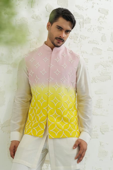 Runit Gupta Pink Chanderi Silk Embroidery Yellow Duo Bundi at Aza Fashions Runit Gupta_Pink Chanderi Silk Embroidery Yellow Duo Bundi _at_Aza_Fashions