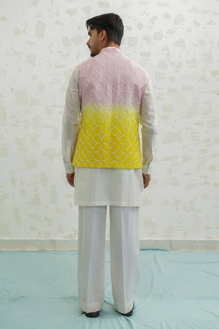 Shop Runit Gupta Pink Chanderi , Vegan Embroidery Yellow Duo Bundi And Kurta Set at Aza Fashions Shop_Runit Gupta_Pink Chanderi , Vegan Embroidery Yellow Duo Bundi And Kurta Set _at_Aza_Fashions