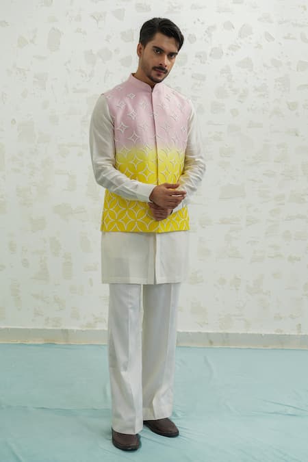Runit Gupta Pink Chanderi , Vegan Embroidery Yellow Duo Bundi And Kurta Set 