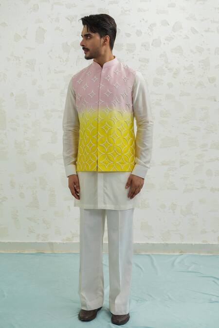 Shop Runit Gupta Pink Chanderi , Vegan Embroidery Yellow Duo Bundi And Kurta Set Online at Aza Fashions Shop_Runit Gupta_Pink Chanderi , Vegan Embroidery Yellow Duo Bundi And Kurta Set _Online_at_Aza_Fashions