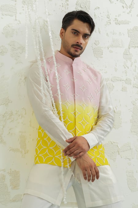 Buy Runit Gupta Pink Chanderi , Vegan Embroidery Yellow Duo Bundi And Kurta Set Buy_Runit Gupta_Pink Chanderi , Vegan Embroidery Yellow Duo Bundi And Kurta Set