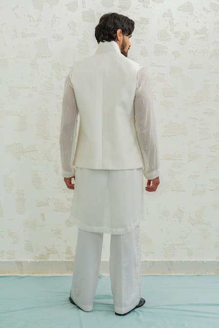 Shop_Runit Gupta_Ivory Chanderi Silk, Georgette Embroidery Thunder Bundi Kurta Set _at_Aza_Fashions