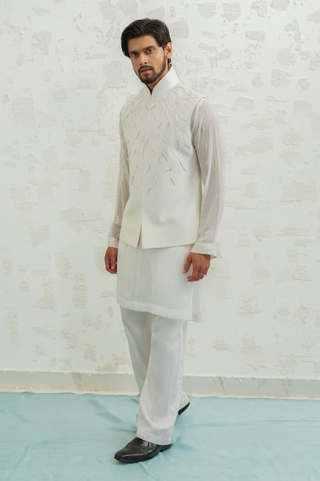 Buy_Runit Gupta_Ivory Chanderi Silk, Georgette Embroidery Thunder Bundi Kurta Set _Online_at_Aza_Fashions