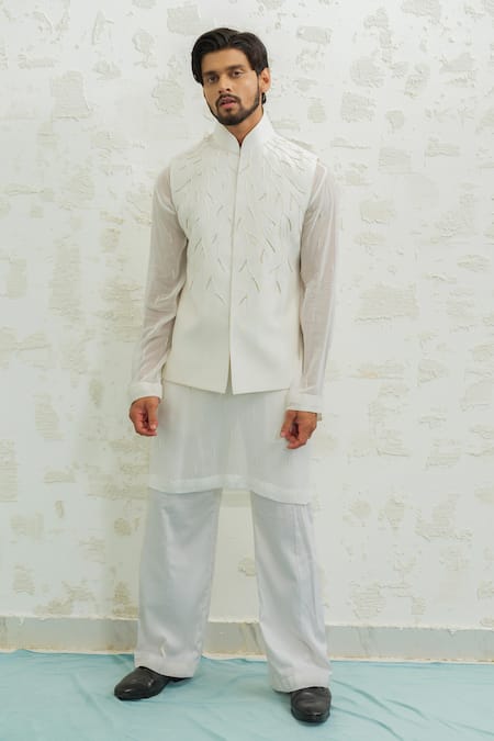 Runit Gupta Ivory Chanderi Silk, Georgette Embroidery Thunder Bundi Kurta Set 