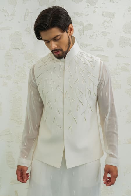 Runit Gupta_Ivory Chanderi Silk, Georgette Embroidery Thunder Bundi Kurta Set _at_Aza_Fashions