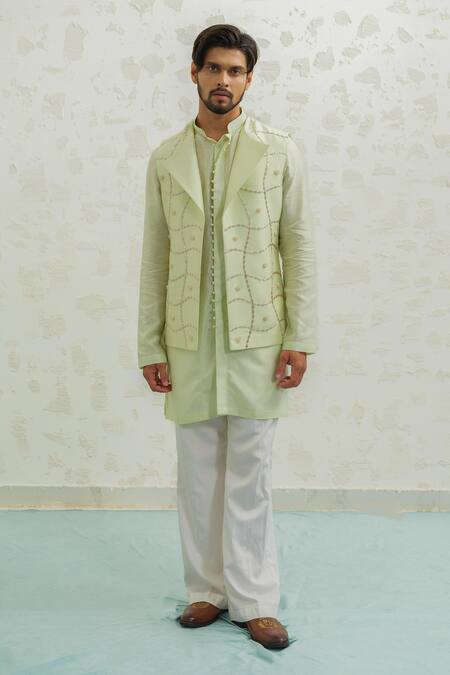 Runit Gupta Green Chanderi Silk Embroidery Pista Duo Flap Bundi Online at Aza Fashions Runit Gupta_Green Chanderi Silk Embroidery Pista Duo Flap Bundi _Online_at_Aza_Fashions