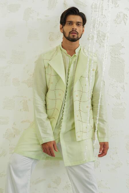 Runit Gupta Green Chanderi Silk Embroidery Pista Duo Flap Bundi at Aza Fashions Runit Gupta_Green Chanderi Silk Embroidery Pista Duo Flap Bundi _at_Aza_Fashions