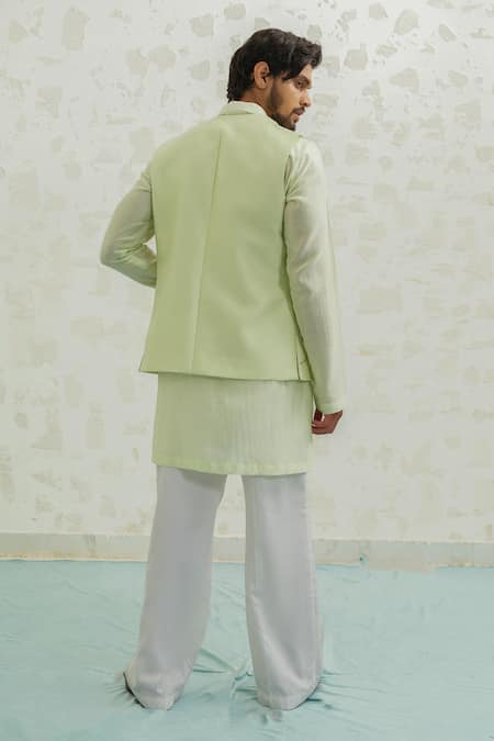 Shop Runit Gupta Green Chanderi , Vegan Embroidery, Pista Duo Flap Bundi And Kurta Set at Aza Fashions Shop_Runit Gupta_Green Chanderi , Vegan Embroidery, Pista Duo Flap Bundi And Kurta Set _at_Aza_Fashions