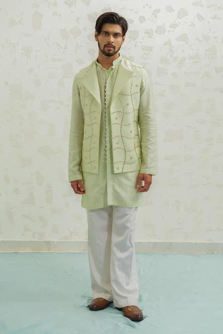 Runit Gupta Mint Chanderi , Vegan Embroidery, Pista Duo Flap Bundi And Kurta Set 