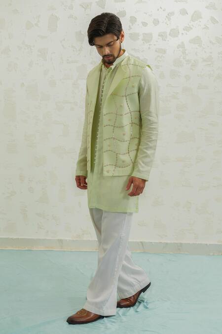 Buy Runit Gupta Green Chanderi , Vegan Embroidery, Pista Duo Flap Bundi And Kurta Set Online at Aza Fashions Buy_Runit Gupta_Green Chanderi , Vegan Embroidery, Pista Duo Flap Bundi And Kurta Set _Online_at_Aza_Fashions