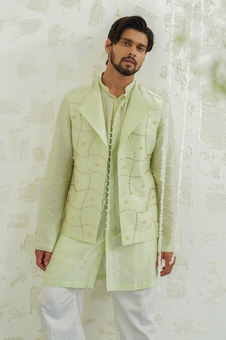 Shop Runit Gupta Green Chanderi , Vegan Embroidery, Pista Duo Flap Bundi And Kurta Set Online at Aza Fashions Shop_Runit Gupta_Green Chanderi , Vegan Embroidery, Pista Duo Flap Bundi And Kurta Set _Online_at_Aza_Fashions